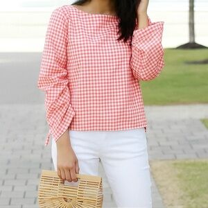 Gap Ruched Sleeve Gingham Top Size Medium Peony Pink 100% Cotton Poplin